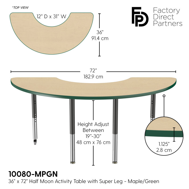 Table d'activité demi-lune 36 "x 72" avec pieds réglables, Super, Maple/Green/Black