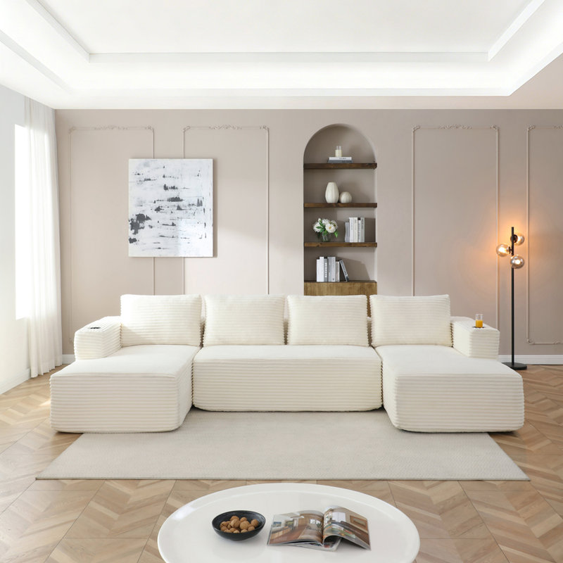 Grand canapé modulaire en forme de U sans dossier de 132 po avec méridienne 132 po, avec canapé profond et désossé, pas de montage requis