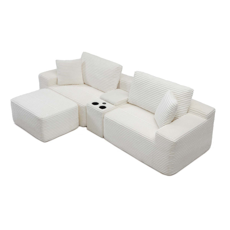 Modular Sectional Sofa With Deep Seat, Corduroy Fabric, Cup Holders, USB Ports, And Storage Box, No Assembly Required, Beige