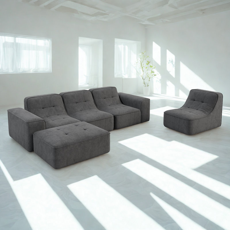 143.7" Modular Sectional Sofa Set With Removable Ottoman,Tufted Design, Deep Seat Couch, Chaise & Accent Chair,Modern DIY Sparkling Chenille Sofa For Living Room, Apartment, Office, Grey.
