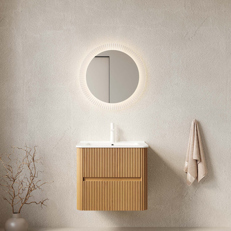 Meuble-lavabo mural flottant avec contreplaqué rayé et 2 tiroirs, Natural Wood, 24"