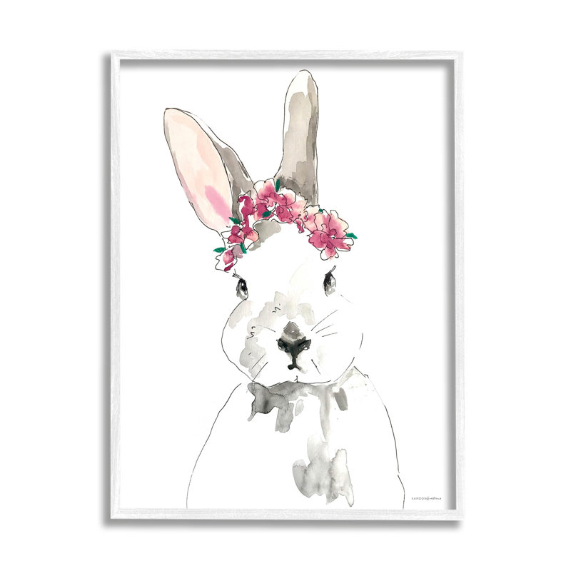 «Bunny», fleur rose, griffonnage, art par Kamdon Kreations, H 14 po x l 11 po x P 1,5 po, Giclée encadrée blanc bord de mer