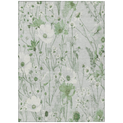 10' X 14' Mint Green And Ivory Floral Washable Indoor Outdoor Area Rug