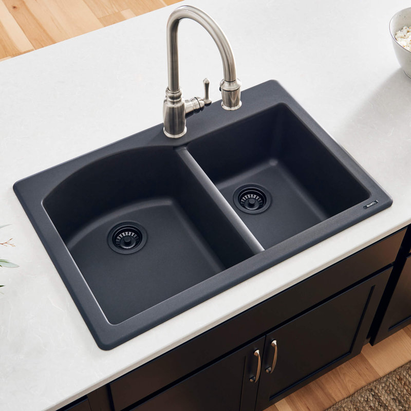 Ruvati 33 x 22 inch epiGranite Drop-in Topmount Granite Composite Quartz Double Bowl Kitchen Sink - Midnight Black -