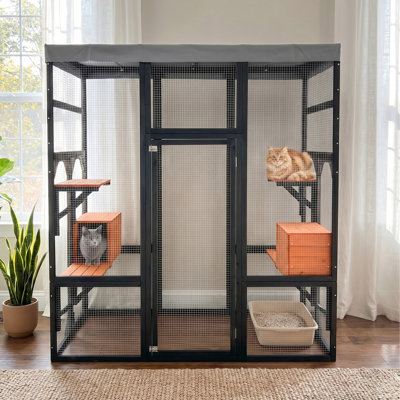 Grande cage en bois pour chats avec housse imperméable, 2 maisons pour faire la sieste et plusieurs plateformes - Abri pour animaux sécuritaire et durable