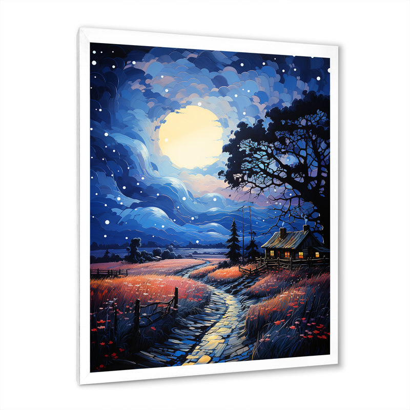 Paysage, grange au clair de lune I - art mural de salon urbain, H 20 po x l 12 po x P 1 po
