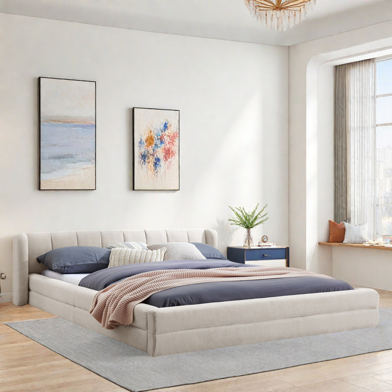 Lit plateforme tapissier moderne avec tête de lit à rayures verticales Modern, Beige