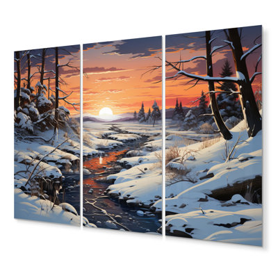 Paysage d'hiver rivière sur toile, 3 pièces