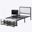 Lit plateforme simple en métal avec tablettes de rangement à deux niveaux, armoire de rangement en bois, noir