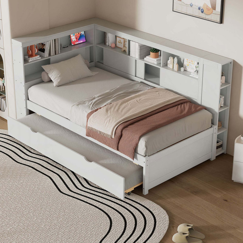 Wood Daybed With Storage Shelves, Trundle And Built-In USB Charging Station, White