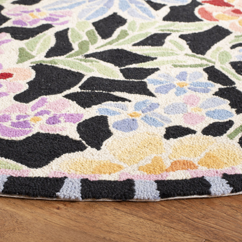 Hollander Floral Hand Hooked Wool Black Area Rug, Round 3'