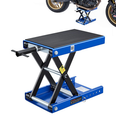 Élévateur à motocyclette, cric à ciseaux de 1 100 lb avec plate-forme large et goupille de verrouillage, support à manivelle à palan central de 3,74 po à 13,38 po, cric en acier pour vélos de rue, motos de croisières, touring, bleu / noir