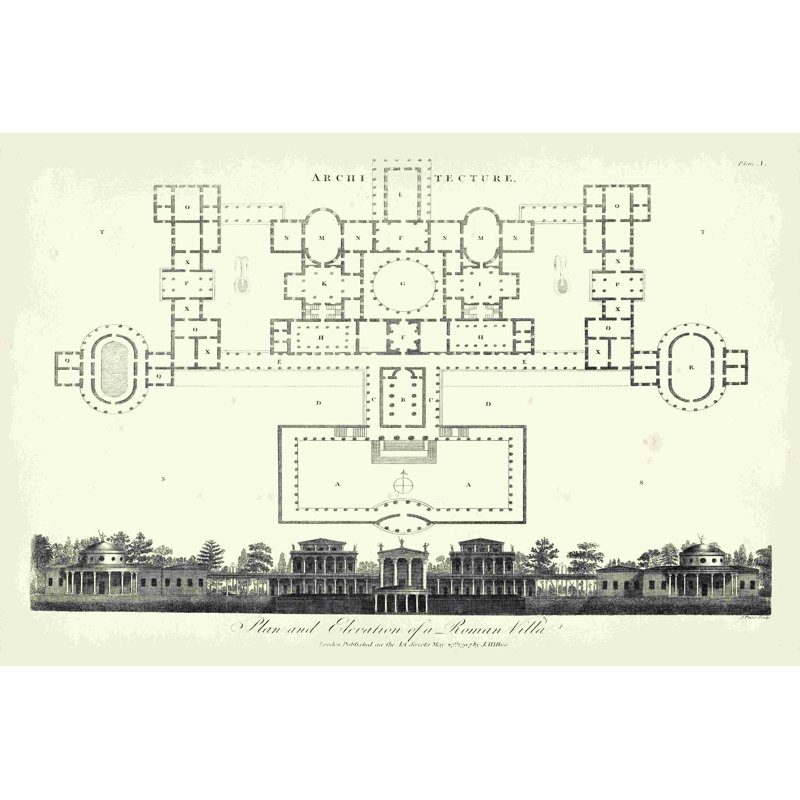 Plan et élévation d'une maison romaine, H 8 po x l 12 po