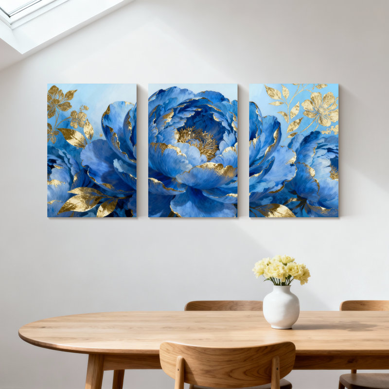 Pivoine, pivoine bleue et accents dorés, ensemble de 3 impressions sur toile, H 24 po x l 48 po