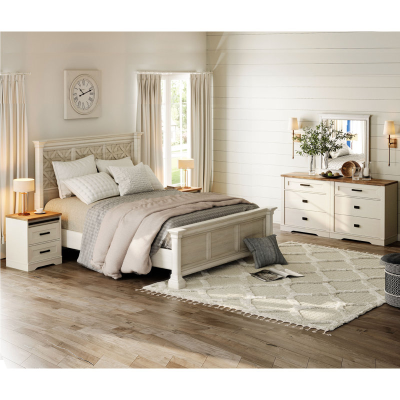 Laziza 4-Piece Farmhouse Bedroom Furniture Set, 63-Inch Dresser With 6 Drawers And 2 Storage Nightstands With 1 Charging Station
