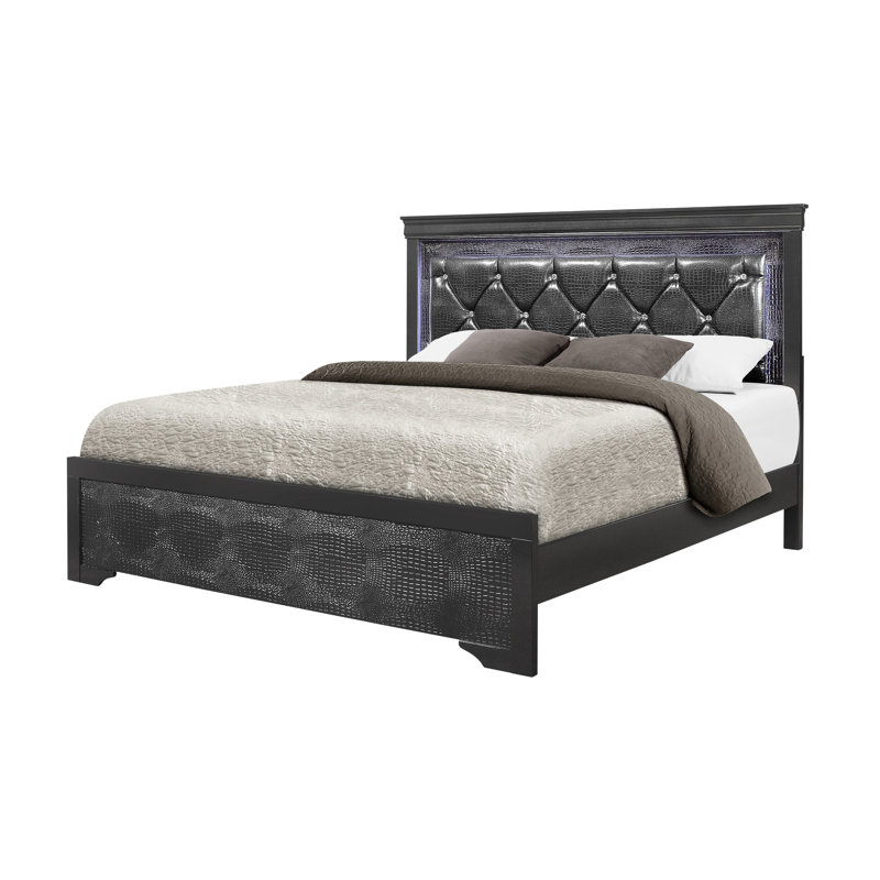 Lit double contemporain gris métallique de style Shaker, tête de lit d'inspiration cristal éclairée à DEL et motif à l'échelle pour l'éclairage de la chambre à coucher, rembourré