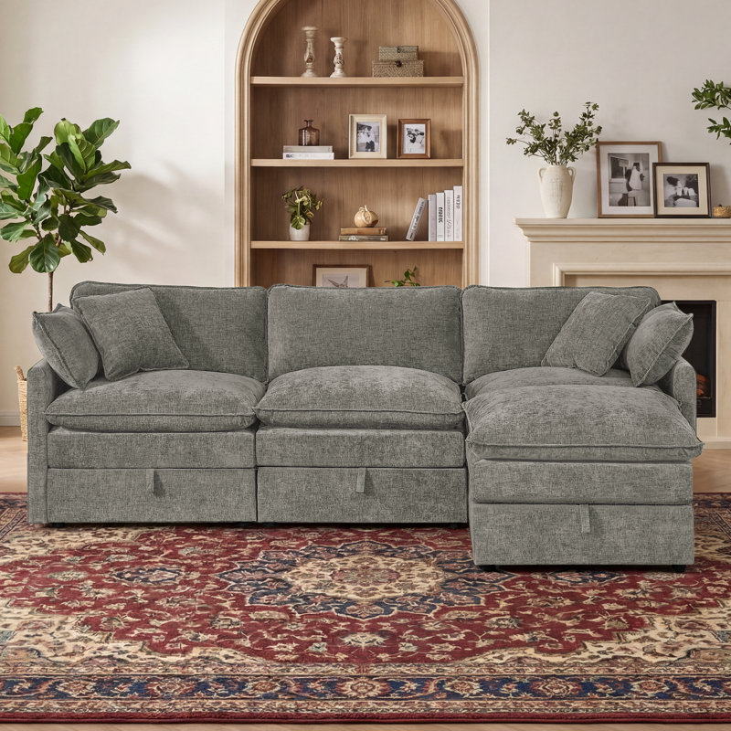 Canapé modulaire en L en chenille de 103 po à 4 places avec sièges de rangement Greer, Gris chenille