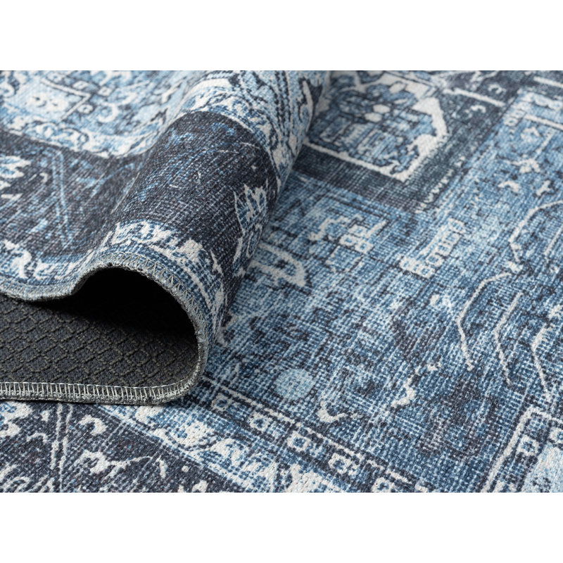 Lancaster Washable Blue Area Rug, Rectangle 2'7" x 7'3"