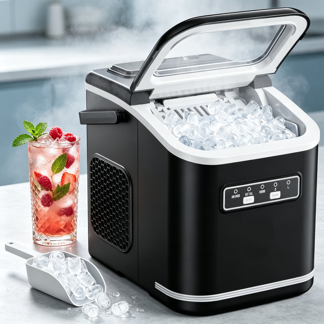 Self-Cleaning Portable Bullet Ice Maker with Handle, 12Kg/24H Fast Ice Machine, 9 Cubes in 6 Mins, Includes Ice Scoop & Basket