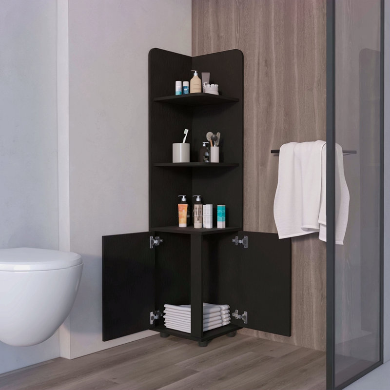 Corner Shelf With Cabinet, 3-Tier Shelf, Metal Handles