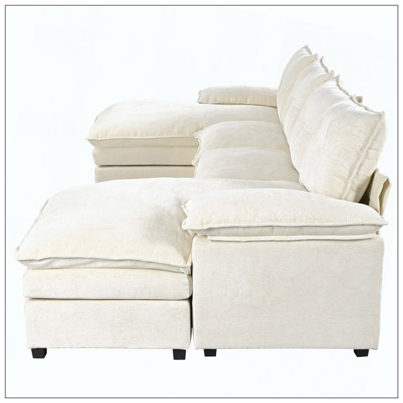 U-Shaped Chenille Sectional Sofa Adjustable Armrest Pillows, Beige