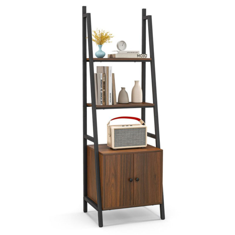 4-Tier Ladder Shelf With Cabinet And Metal Frame