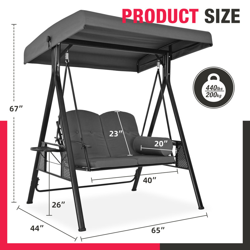 Gray Iron 2-Person Cushioned Patio Swing with Adjustable Canopy