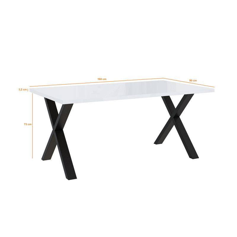 Dining Table Asai with X-Shaped Black Metal Legs, White