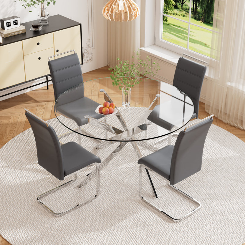 Ensemble de salle à manger 5 pièces, table en verre et 4 chaises, Gris, H 29,52 po x l 47,20 po x L 47,20 po