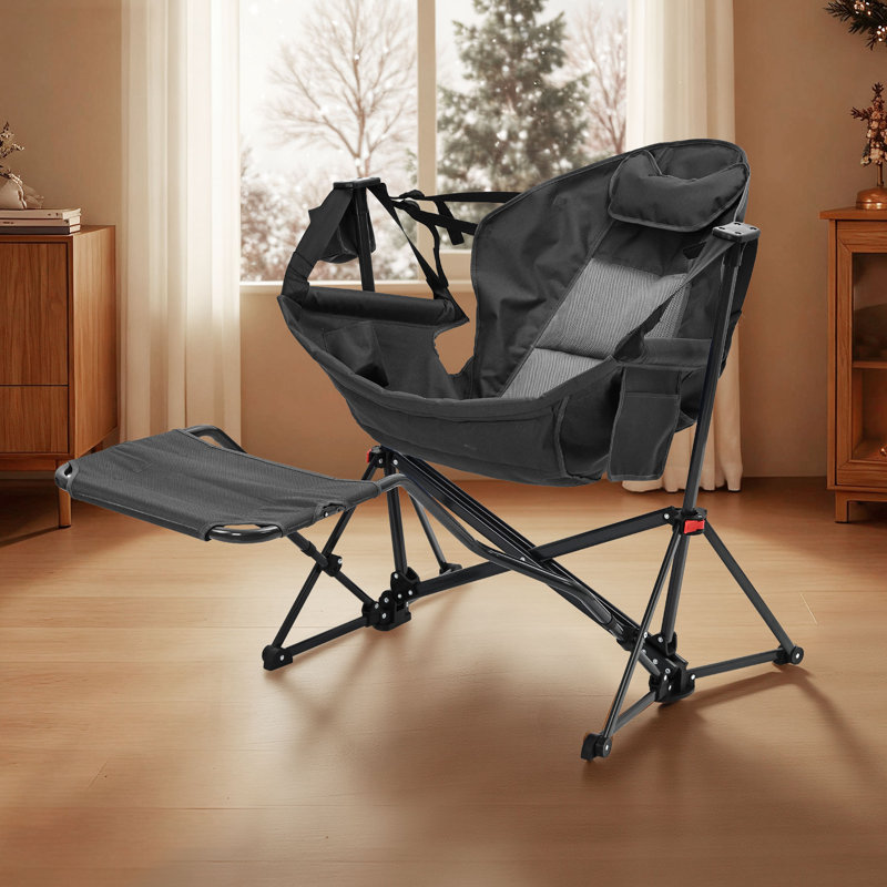 Chaise de camping hamac avec repose-pieds amovible et sac de rangement, Noir