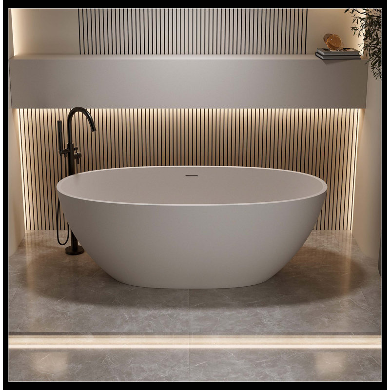 63'' Freestanding Bathtub Resin Stone Soaking Bathtub Solid Surface Modern Tubs with Overflow and Pop-up Drain, Beige