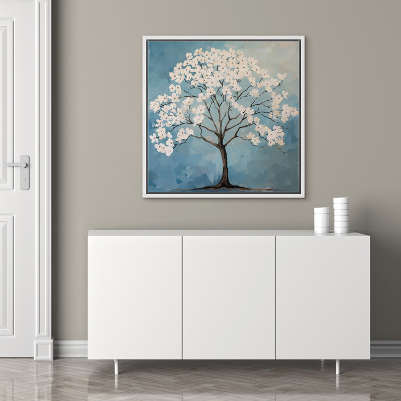 Flowers Blossom On Tree Branches, White Floater Frame, 16" H x 16" W