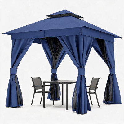 Pavillon de jardin extérieur 8 pi x 8 pi avec double toit, moustiquaire et rideaux, auvent à toit souple avec structure en acier, pavillon de jardin extérieur pour patio, cour arrière, pelouse et terrasse