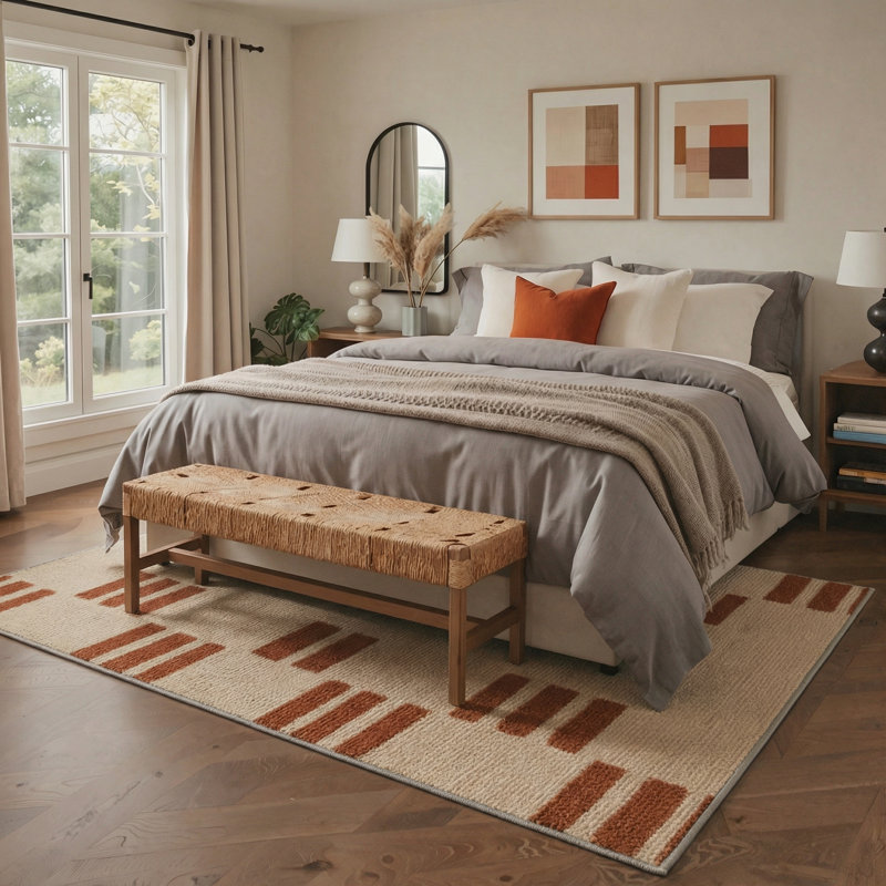 Mondrian Modern Block Stripes Machine Washable Sandstone Indoor Area Rug With Non-Slip Backing, Rectangle 6' x 9'