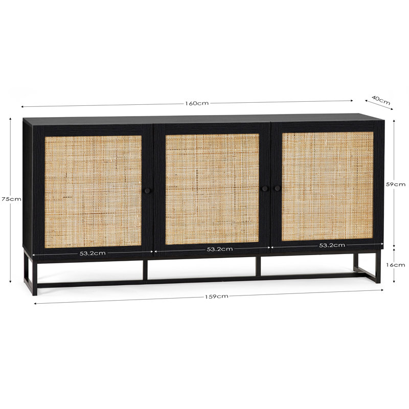Reese 160cm Sideboard, Black/Rattan