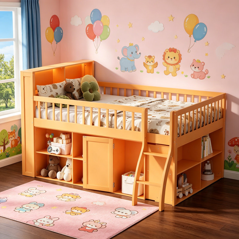 Lit mezzanine double avec rangement, tête de lit à DEL et finition naturelle pour un style de vie compact et élégant, Full