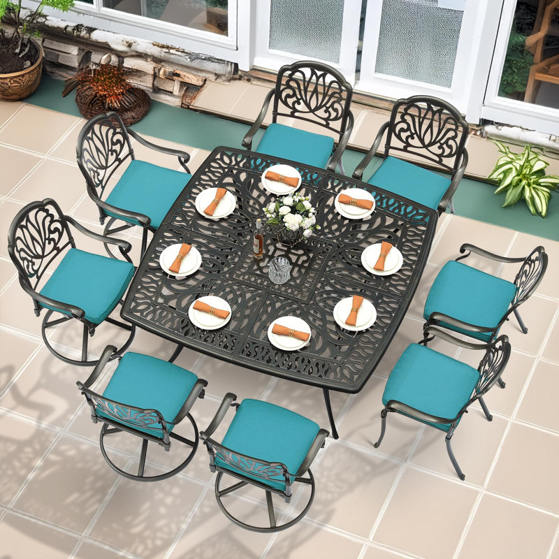  9-piece Outdoor Patio Dining Set For 8, All Weather Cast Aluminum Patio Funiture Table And Chairs Set- Large 64" Square Table, 4 Swivel Rocker Chairs, 4 Stationary, Umbrella Hole