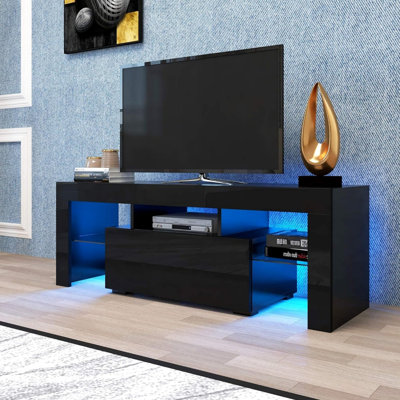 Meuble télé de 55 po avec éclairage DEL moderne, porte rabattable vers le bas, tablette en verre, façade brillante, grand rangement, pour chambre à coucher et salon, téléviseurs noirs, style inhabituel, et