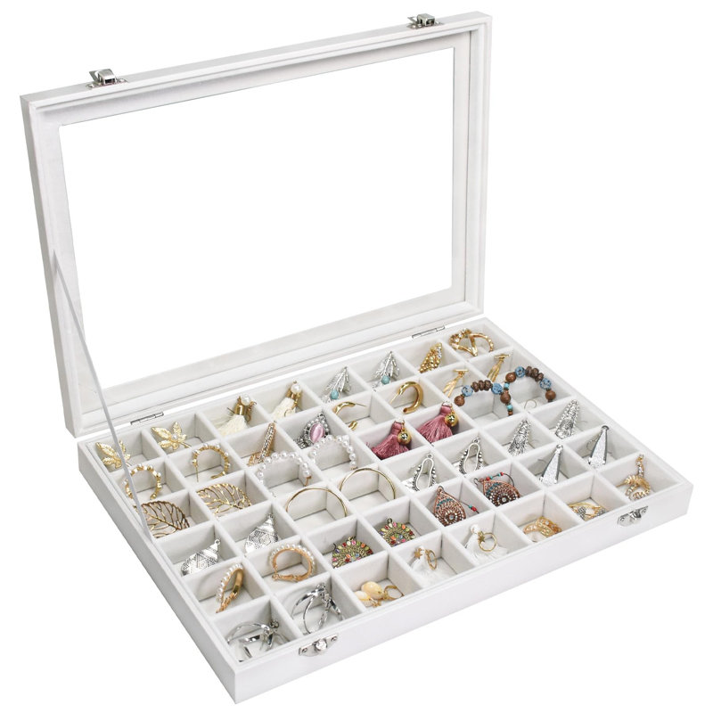 Boîte à bijoux avec plateau à bijoux 48 grilles Boîte à bijoux avec anneaux à couvercle transparent