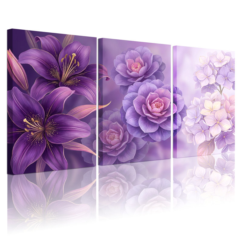Ensemble de 3 tableaux muraux sur toile tendue représentant des lys violets, des roses et des hortensias., H 24 po x l 48 po