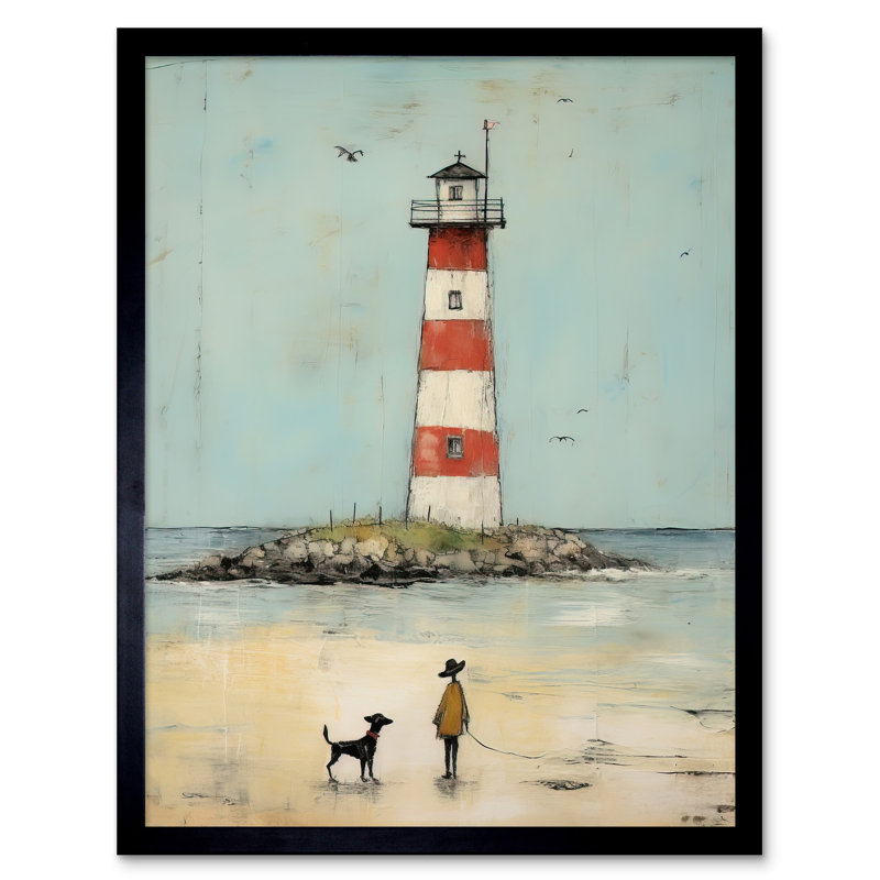 Lighthouse Painting Boy And Pet Dog - Single Picture Frame Print