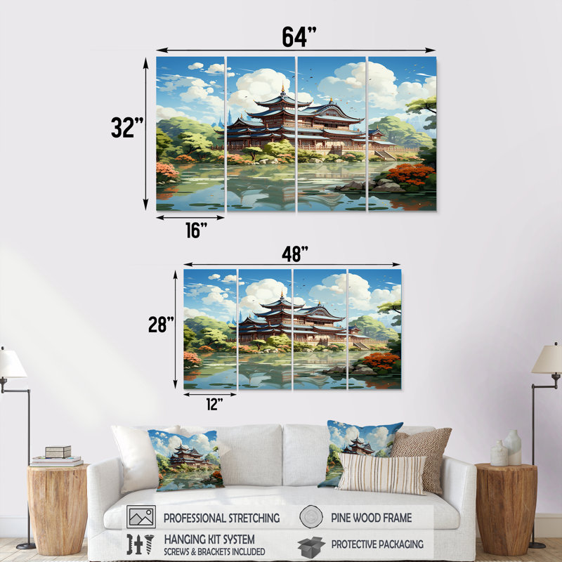 Tranquil Japanese Landscape - China, art mural sur toile 4 pièces, H 32 po x l 64 po