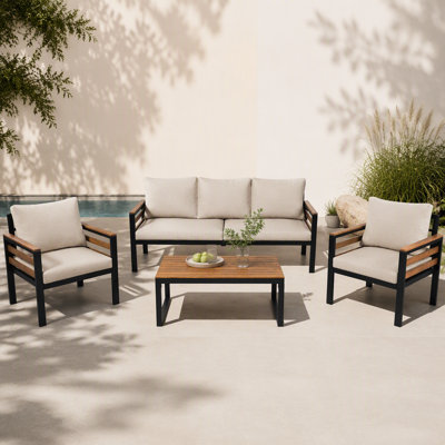 Go 4-Piece Outdoor Furniture Sofa Set For 5 People With Acacia Wood Armrests, Patio Conversation Set With Removable Cushion And Solid Wood Coffee Table For Garden And Backyard,Beige