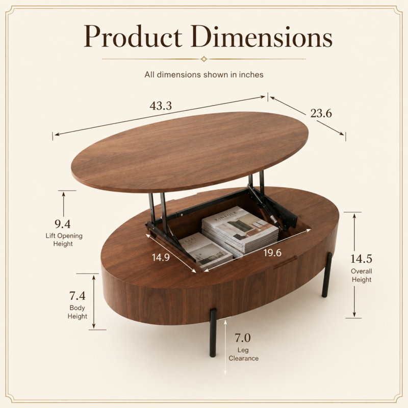 Table basse ovale à plateau relevable avec rangement caché 43,3 po Caston, panneau de fibres à densité moyenne plaqué bois, mécanisme hydraulique à fermeture en douceur, table basse moderne à hauteur réglable pour le salon