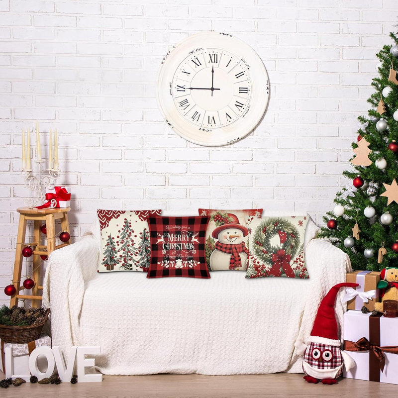 Ensemble de 4 housses de coussin de Noël de 18 x 18, housses de coussin décoratives de Noël à motif écossais rouge vintage