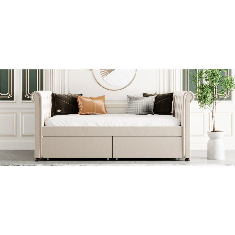 Lit de jour simple rembourré beige avec tiroirs, plateforme à lattes de bois, repose-lit confortable, Beige