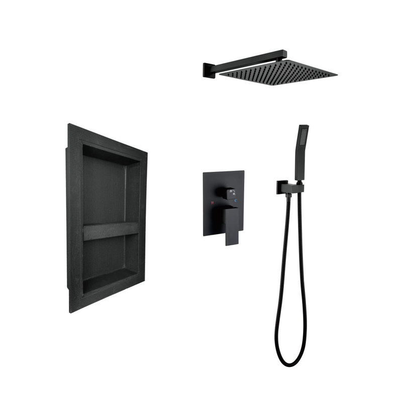Shower System With Shower Head, Hand Shower, Hose, Valve Trim, Lever Handles And Niche, Matte Black