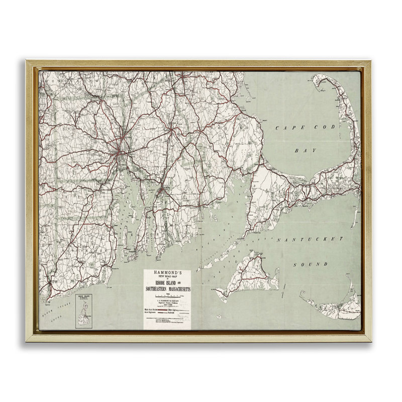 «Cape Cod & Ri Map», art mural encadré par Graffi * Tee Studios, H 25 po x l 31 po, Cadre flottant métallique doré