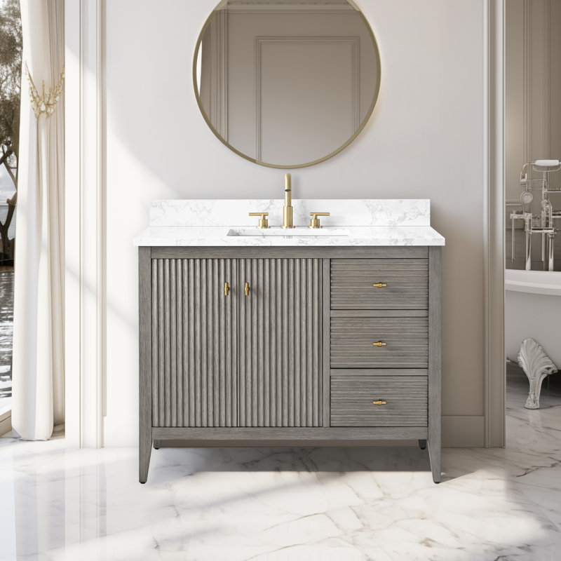 Laval 42" Single Sink Freestanding Bathroom Vanity with Engineered Marble Top, Golden Brushed, Linear Driftwood Gray