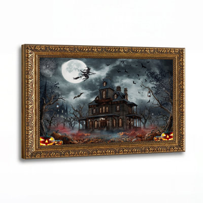 Haunted House With Flying Witch And Glowing Halloween Canvas Wall Art
